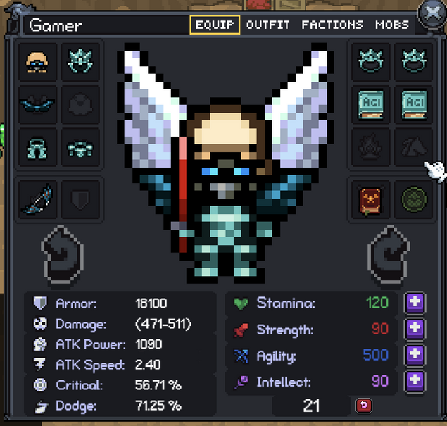 The in-game Fantasy Online 2 Character window showing an equipped character, stats, attributes, and the surrounding game world