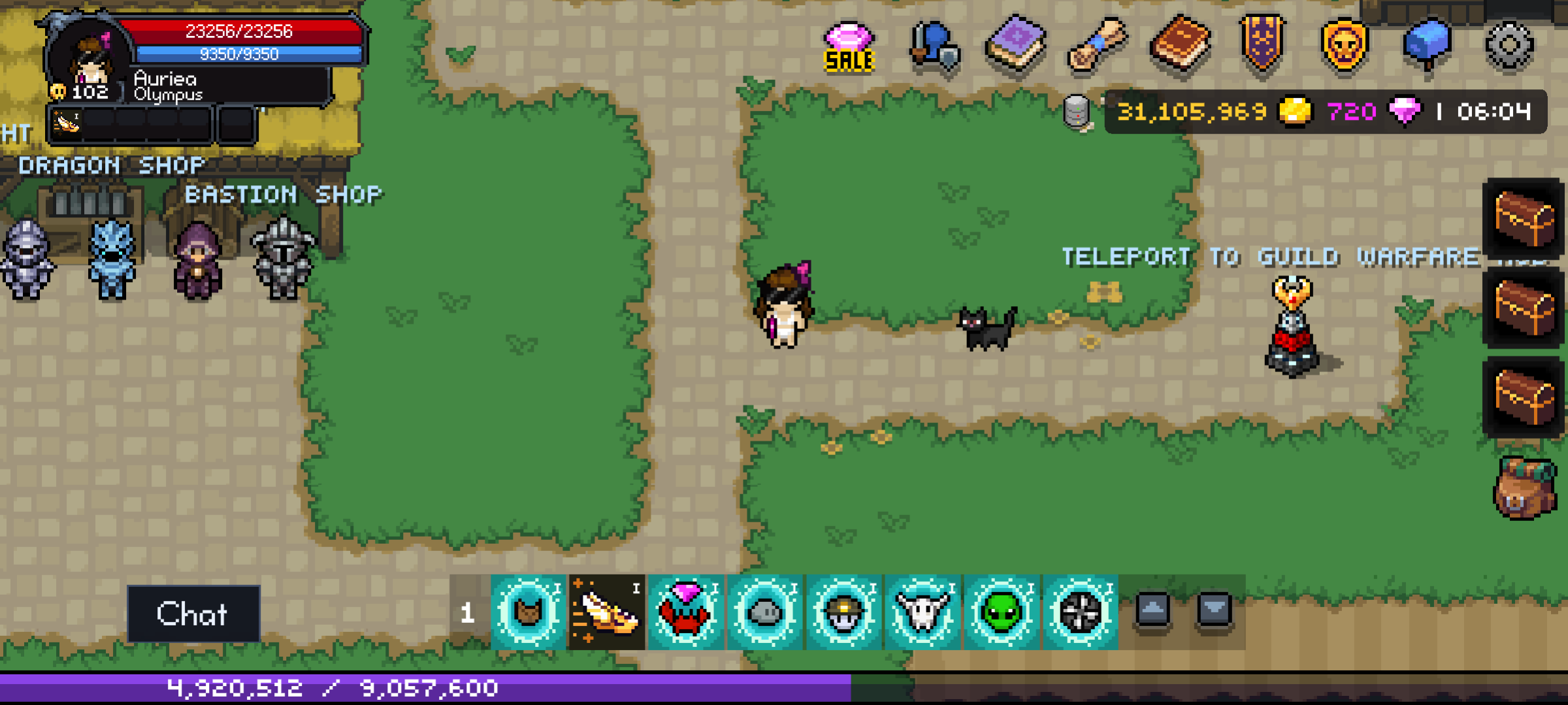 A character and pet in the guild district on Android.